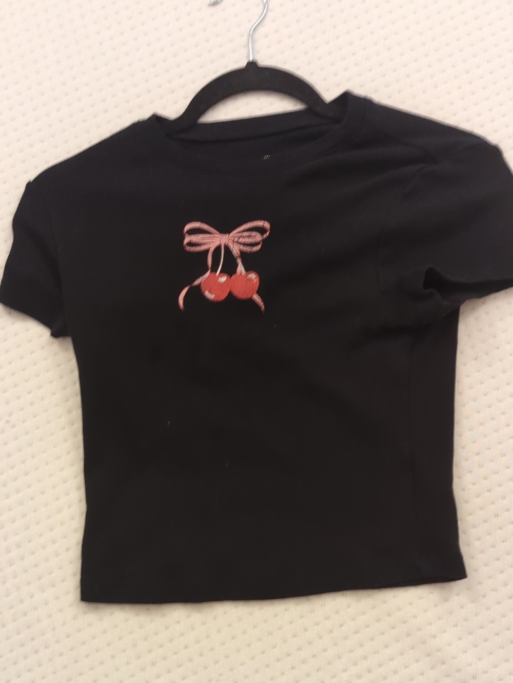 No Boundaries Black Tee with Pink Bow and Red Cherries